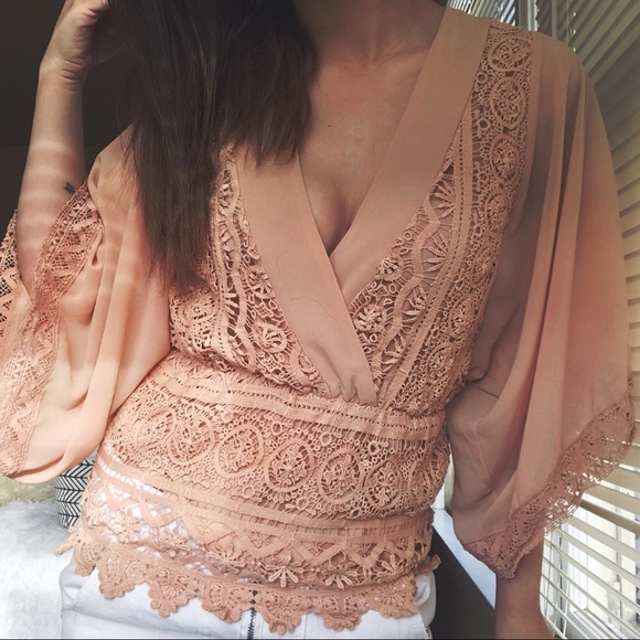 hazel Tops - Crochet overlay bohemian flare sleeve blouse b4